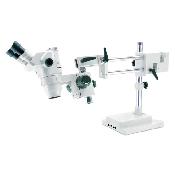 Optika SZR-14 trinocular stereo zoom microscope, hinged overhanging stand