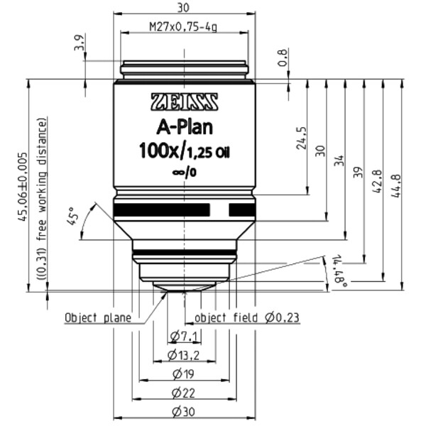 ZEISS Obiettivo Objektiv A-Plan 100x/1,25 Oil D=0 wd=0,31mm