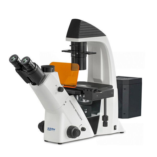 Kern Inverted microscope OCM 166, FL, PH, trino, inverse, Abbe N.A. 0.3 fixed condenser, 10x-40x, 30W LED, Al, 100W HBO, Dl