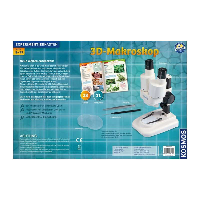 Kosmos Verlag Microscopio estereo 3-D Makroskop Forschungspaket, 20x, LED