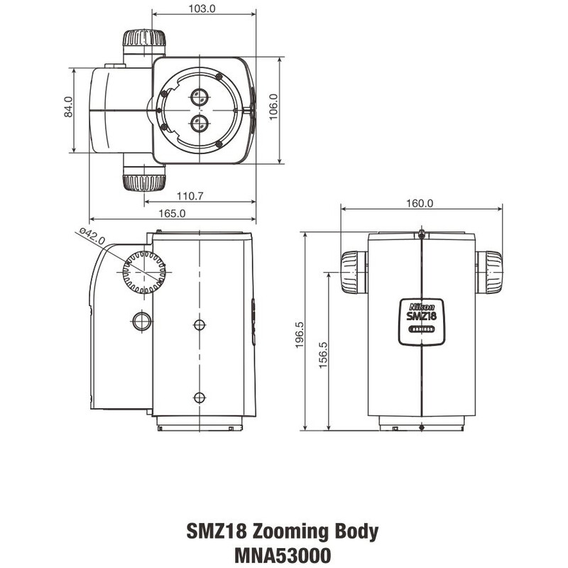 Nikon SMZ18, manual , parallel optics, achromate, Zoom Head, bino, 7.5-135x, click stop, ratio 18:1, 15°