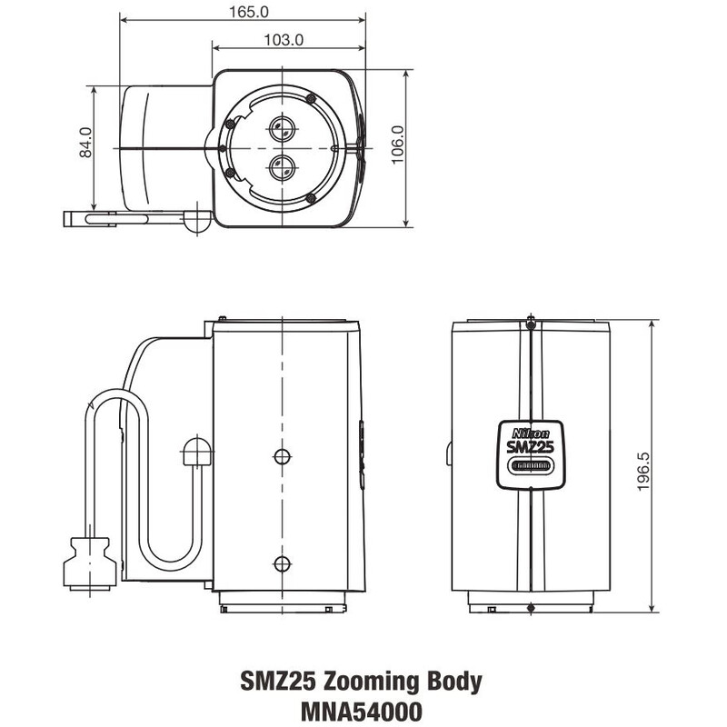 Nikon Cabazal estereo microsopio SMZ25, motorized, parallel optics, achromate, Zoom Head, bino, 6.3-157.5x, click stop, ratio 25:1, 15°