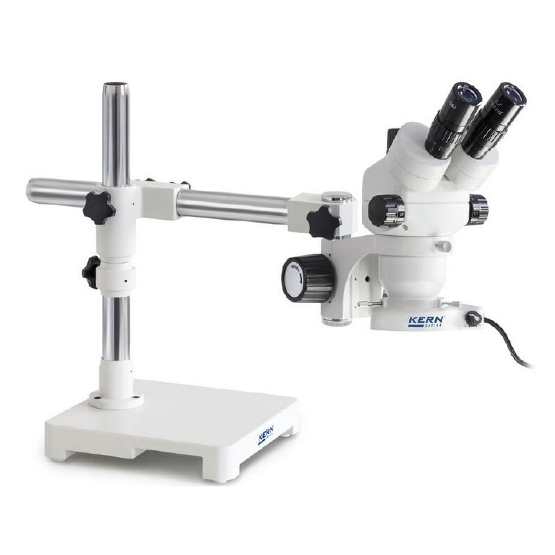 Kern Stereo zoom microscope OZM 902, bino, 7x-45x, HSWF, Tripod, single arm w. table top, ring light LED 4.5 W