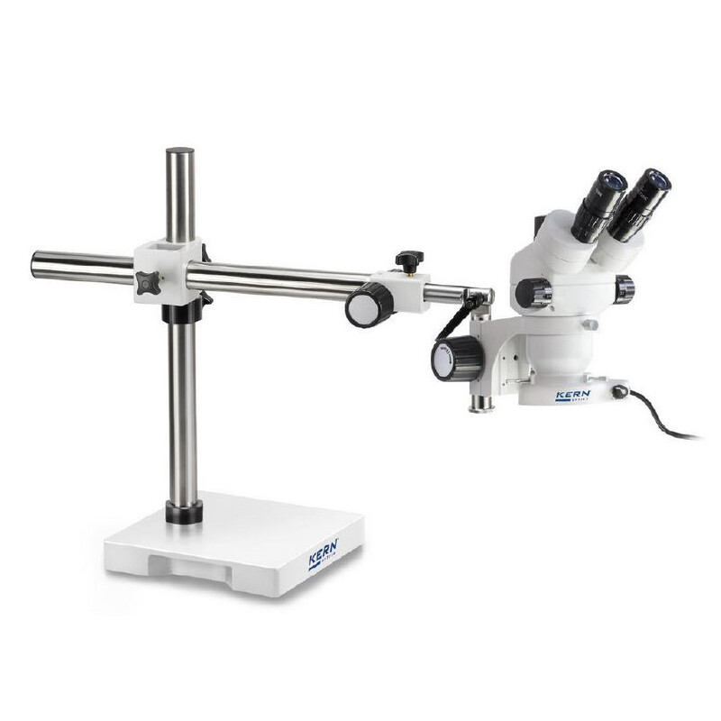 Kern Stereo zoom microscope OZM 913, trino, 7x-45x, HSWF 10x23 mm, Tripod, single arm (515 mm x 614 mm) w. table top, ring light LED 4.5 W