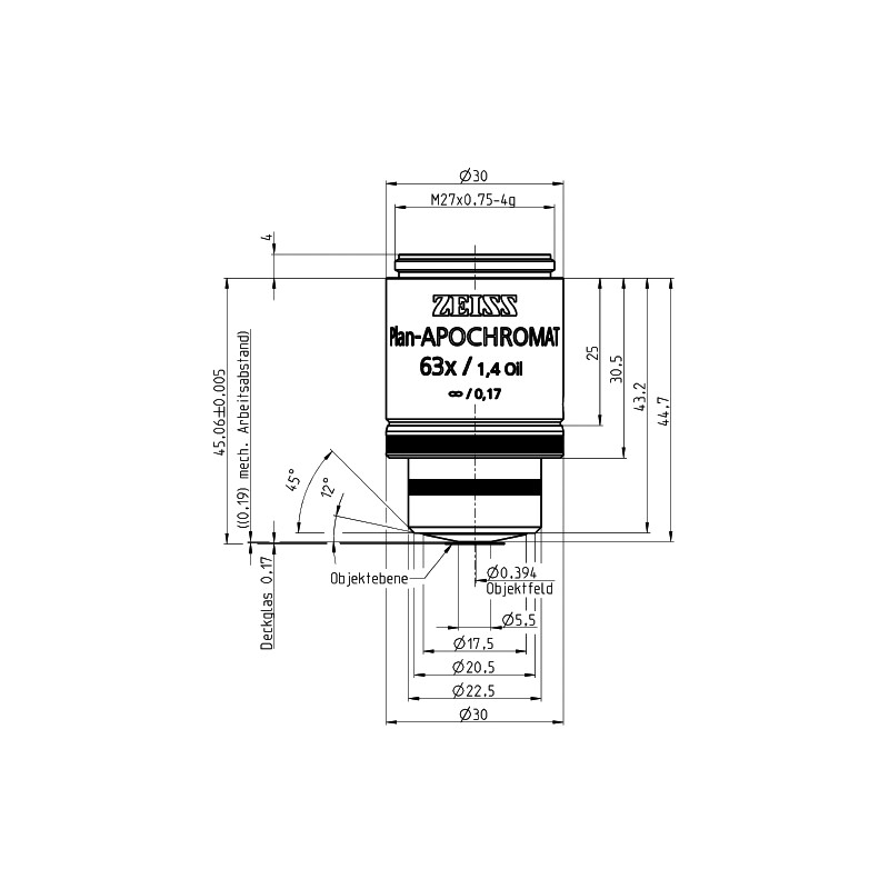 ZEISS Plan apochromatic objective, incl. 100 cover glasses.63x/1.4 Oil incl. wd=0.19mm