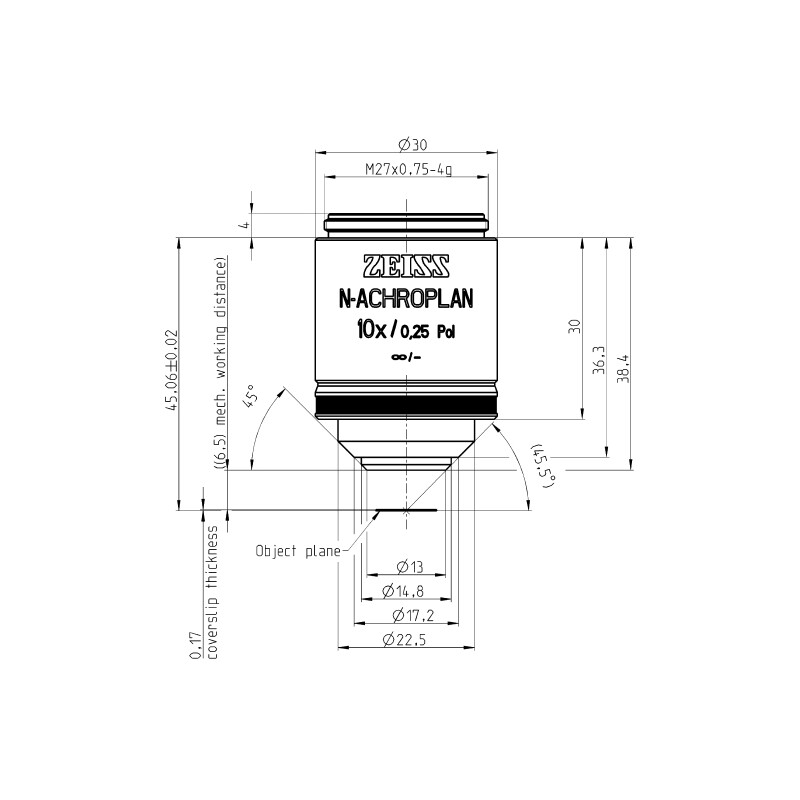 ZEISS Obiettivo Objektiv N-Achroplan 10x/0,25 Pol wd=6,5mm