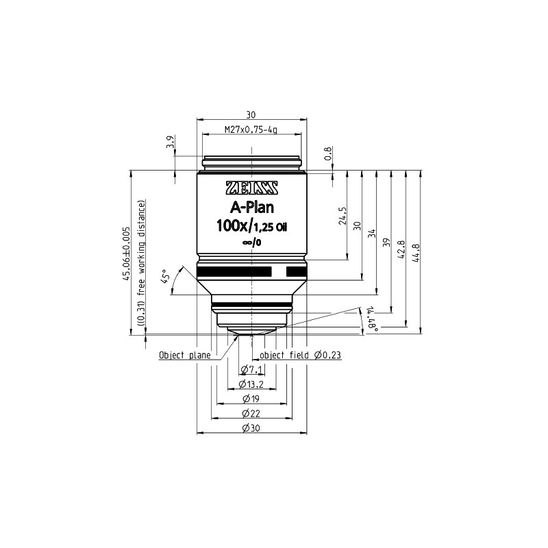 ZEISS Obiettivo Objektiv A-Plan 100x/1,25 Oil D=0 wd=0,31mm