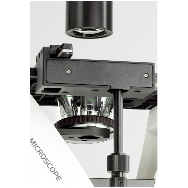 Kern Inverted microscope OCM 166, FL, PH, trino, inverse, Abbe N.A. 0.3 fixed condenser, 10x-40x, 30W LED, Al, 100W HBO, Dl